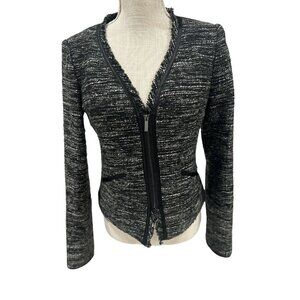 BCBG Paris Womens Black & White Tweed Jacket With Zipper & Fringe Detail Size S